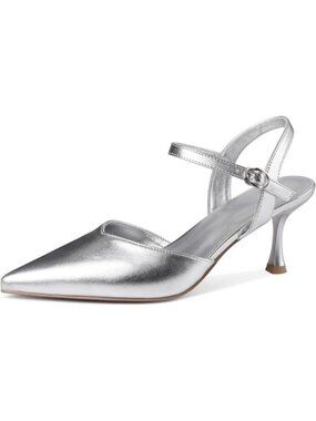 Women's Sliver-pu Kitten Heels Closed Pointed Toe Stiletto Heels Ankle Strap